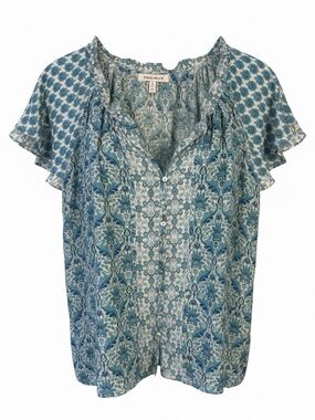 Rose & Olive Blue Floral Blouse Size L Boho Cottagecore Flowy Summer Spring